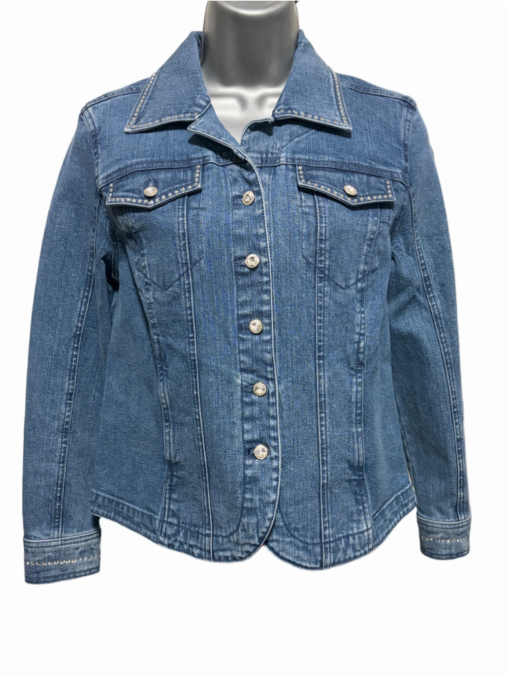Christine Alexander Denim Jacket Womens Small Petite Crystal Rhinestone Studded